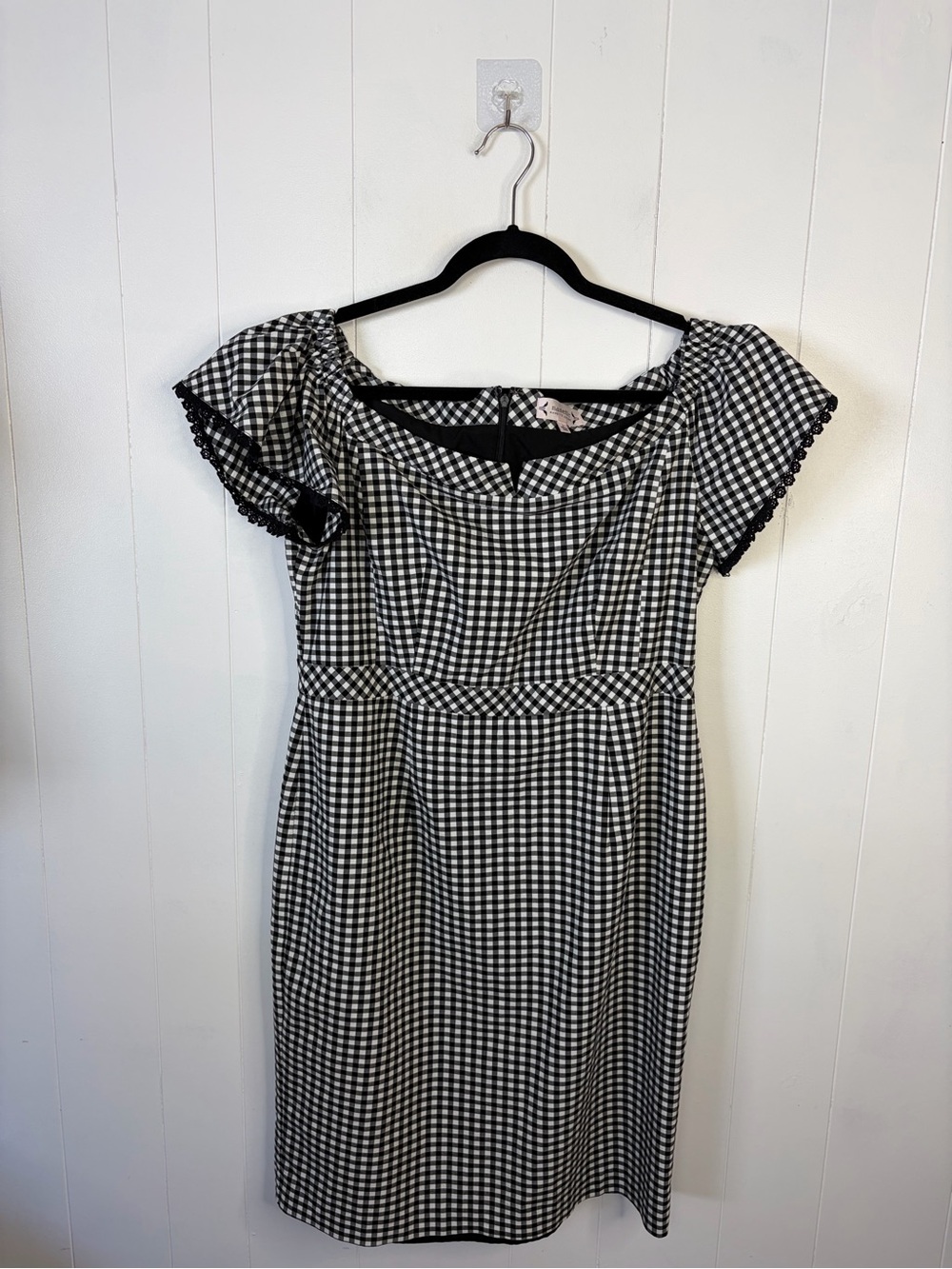 Nanette Lepore Gingham Off Shoulder Rockabilly Pin Up Wiggle Dress Retro Size 14 - Picture 3 of 12